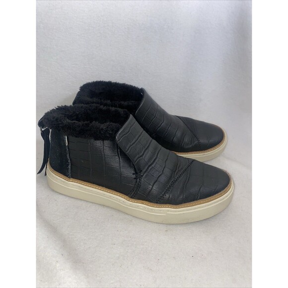 TOMS PAXTON Leather Suede Crocodile Embossment SLIP ON ANKLE BOOT 7 Faux Fur - Picture 1 of 9